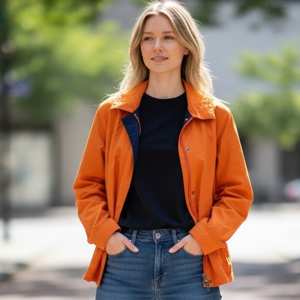 Ralph Lauren Golf Jacket Womens Medium Orange Full Zip Windbreaker Lined